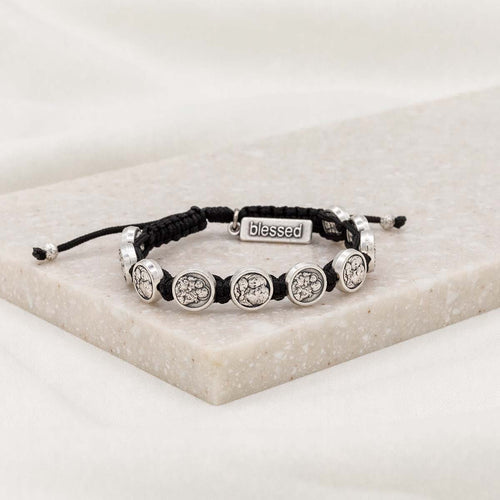 St. Joseph handwoven bracelet with silver saint medals and black cording