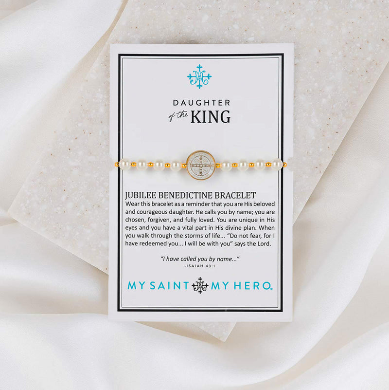 Daughter of the King Bracelet pearl and jubilee st. benedict medal bracelet on inspirational product card