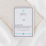 Jesus Loves You Necklace silver heart petite chain on inspirational card