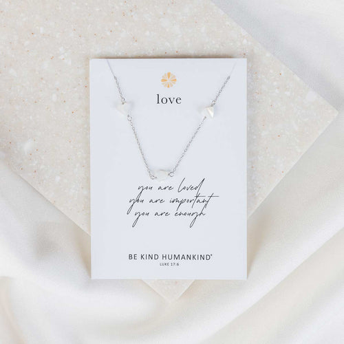 Silver Chain with Mother of Pearl Petite Hearts Necklace on an inspirational product card