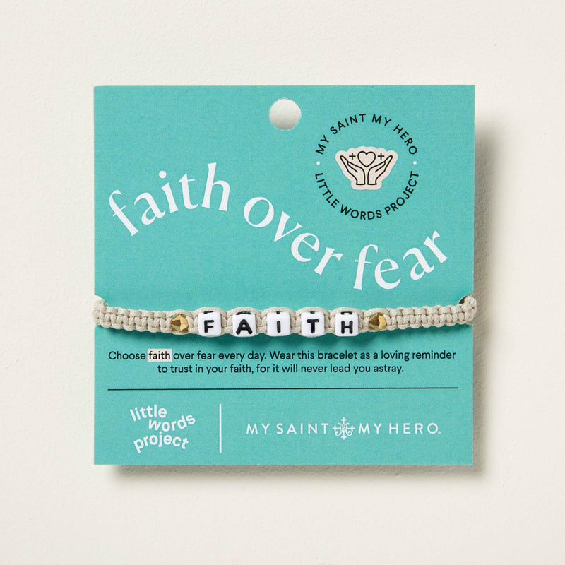 Little Words Project and My Saint My Hero Faith Bracelet tan woven bracelet with letter blocks and gold charms