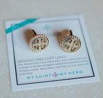 Silver tone St. Benedict cuff links on a My Saint My Hero product card