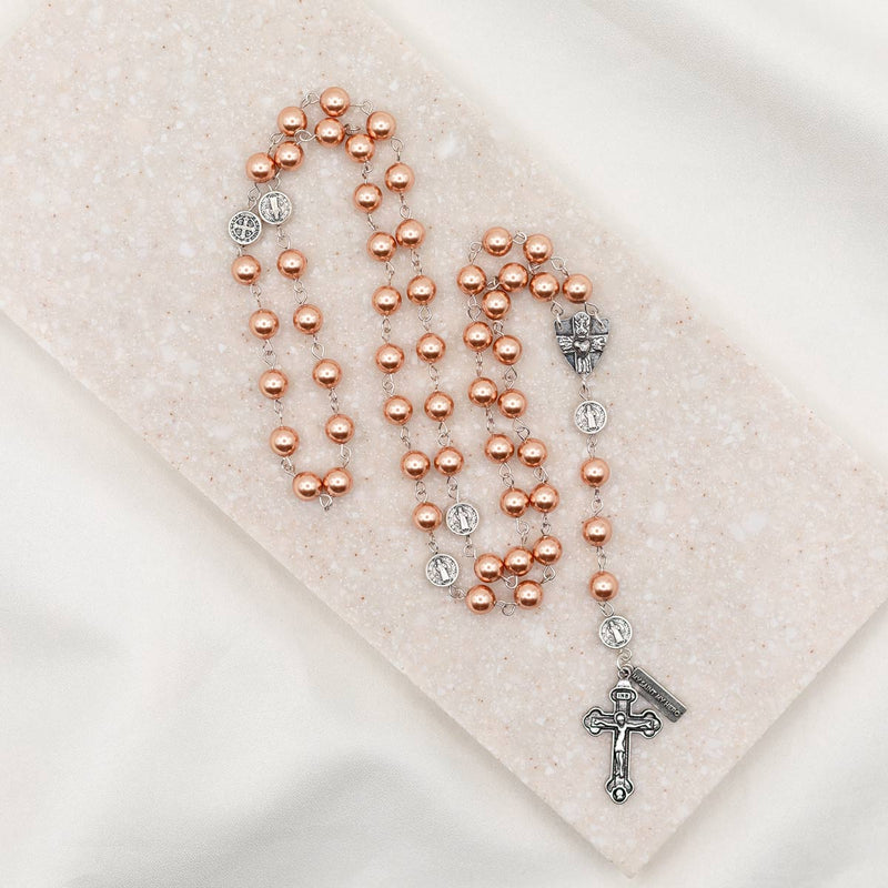 Austrian Crystal Pearl Rosary with Rose Gold Pears and silver tone crucifix and Benedictine medals