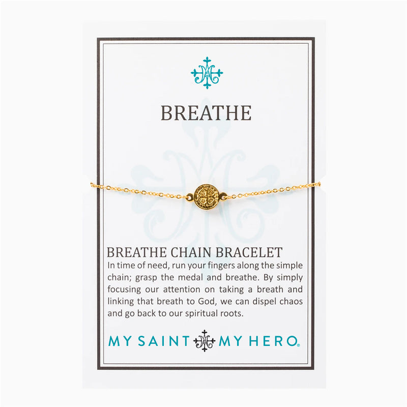 dainty gold chain st. benedict medal breathe bracelet on a inspirational card