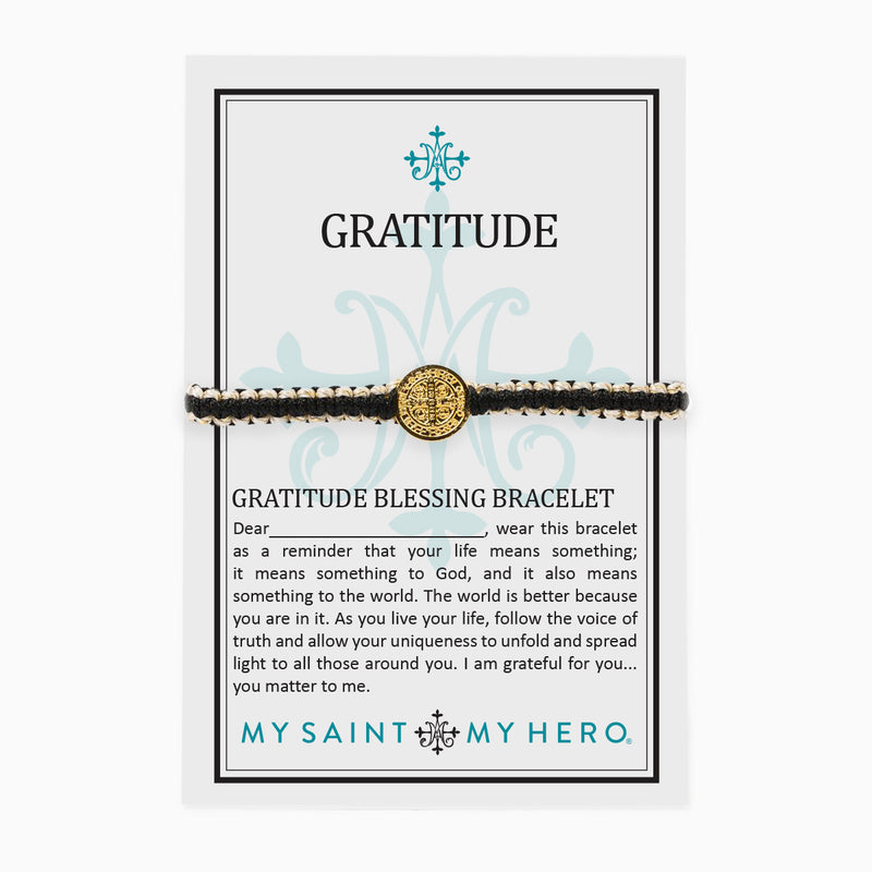 Gratitude St. Benedict Blessing Bracelet on customizable gifting card