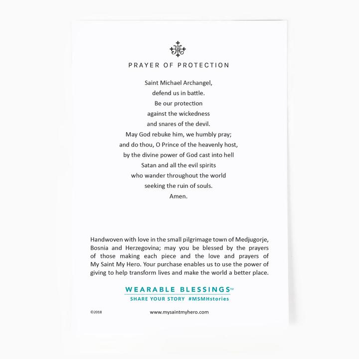 the back of the Archangel Michael product card with a Prayer of Protection