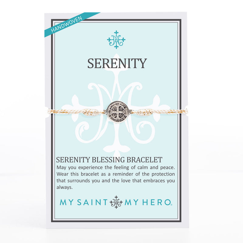 Metallic Gold Cording and Silver Tone Benedictine Medal Serenity Bracelet on Inspirational Card