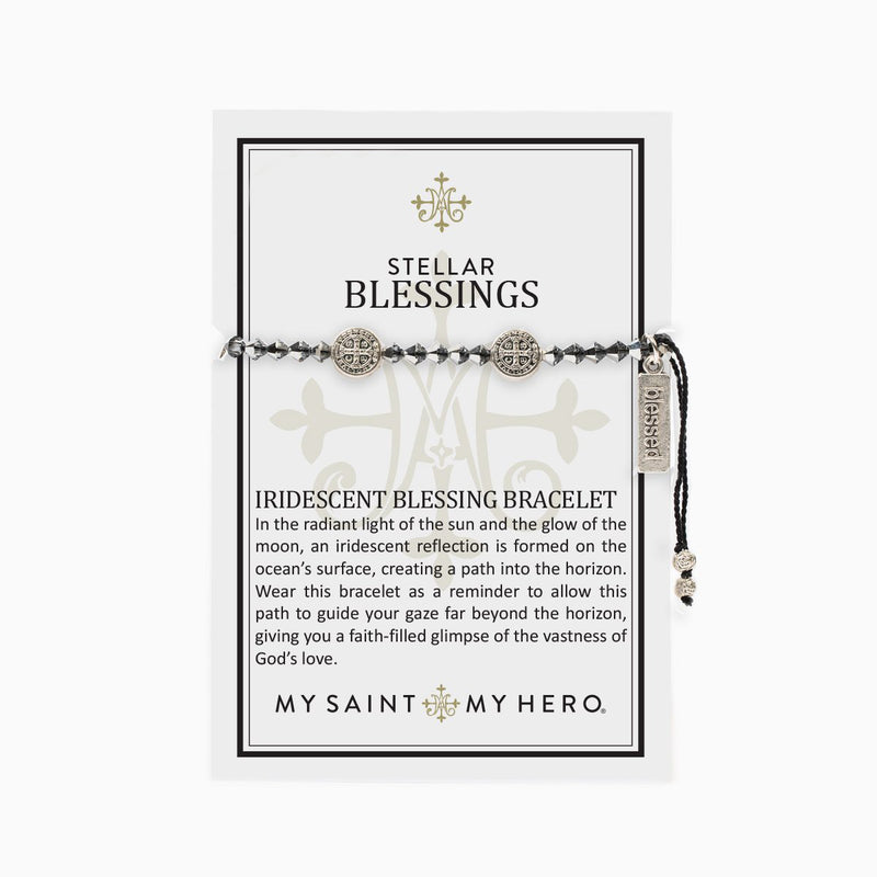 Stellar Blessings Iridescent Crystal and Benedictine Blessing Bracelet comes on an inspirational card