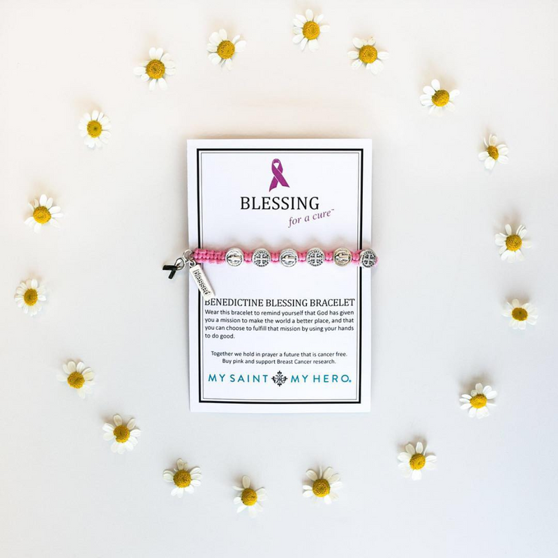 Pink Blessing for a Cure bracelet on a card encircled by daisies - mysaintmyhero.com