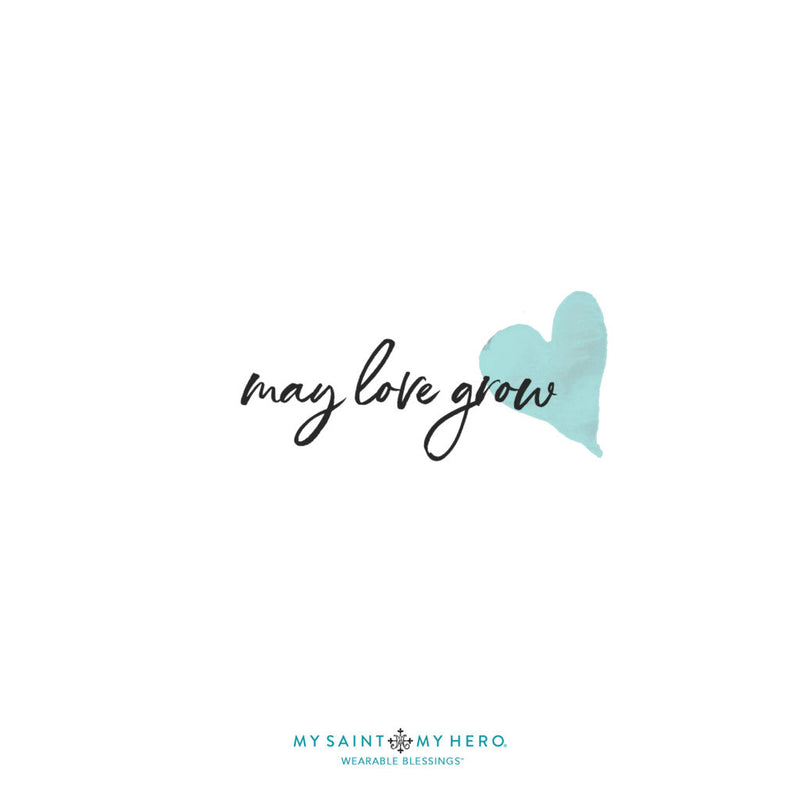 may love grow (script text with heart)