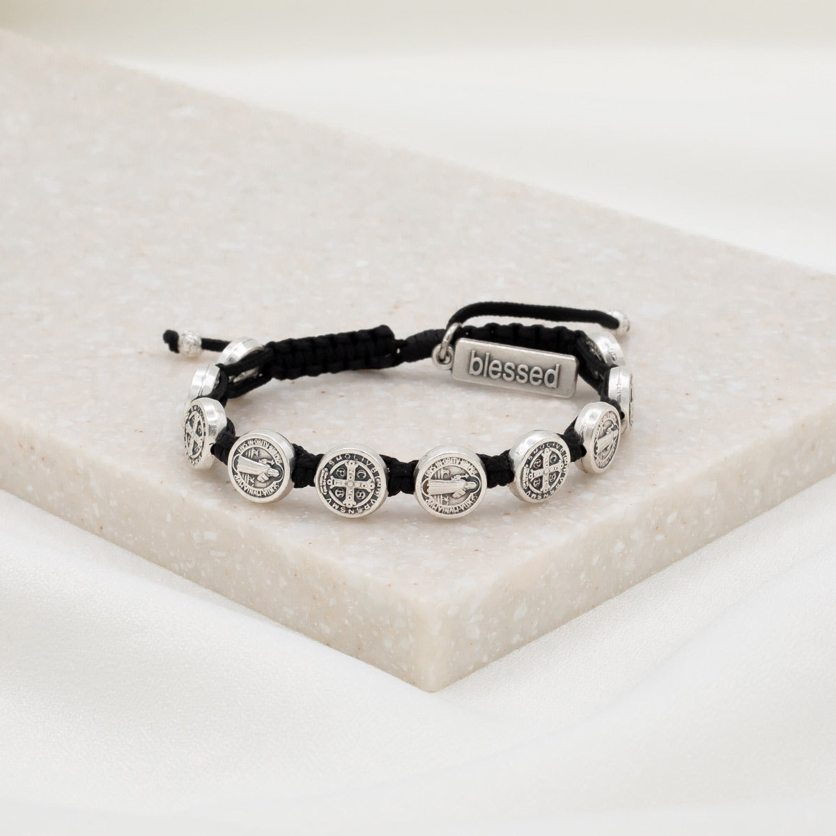 Benedictine Blessing Bracelet Black Cording Silver Medals