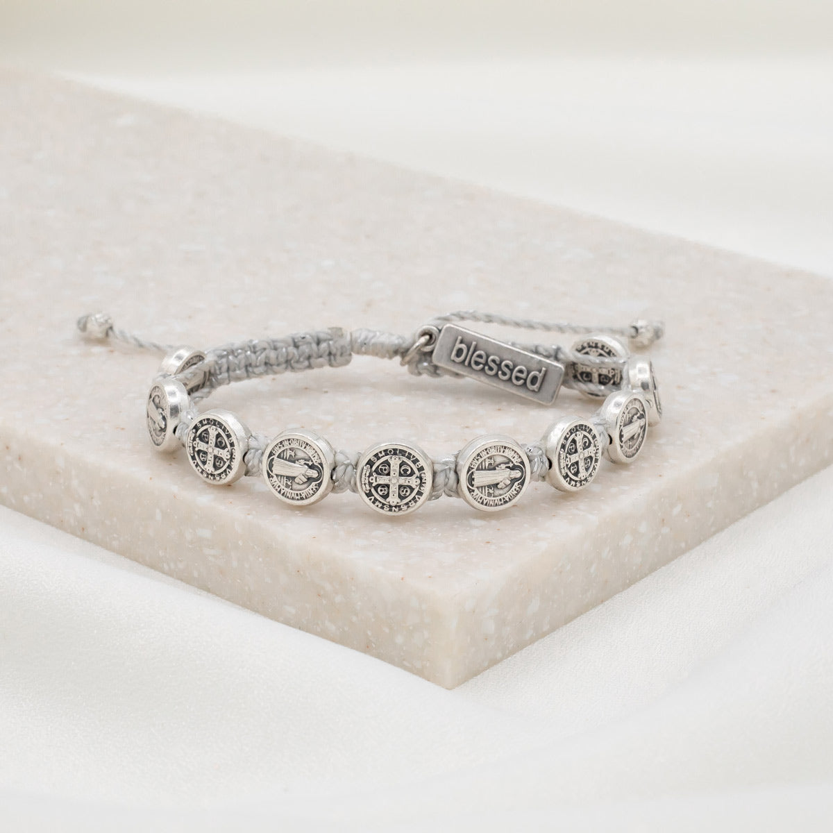 Benedictine Blessing Bracelet Metallic Silver Cording Silver Medals