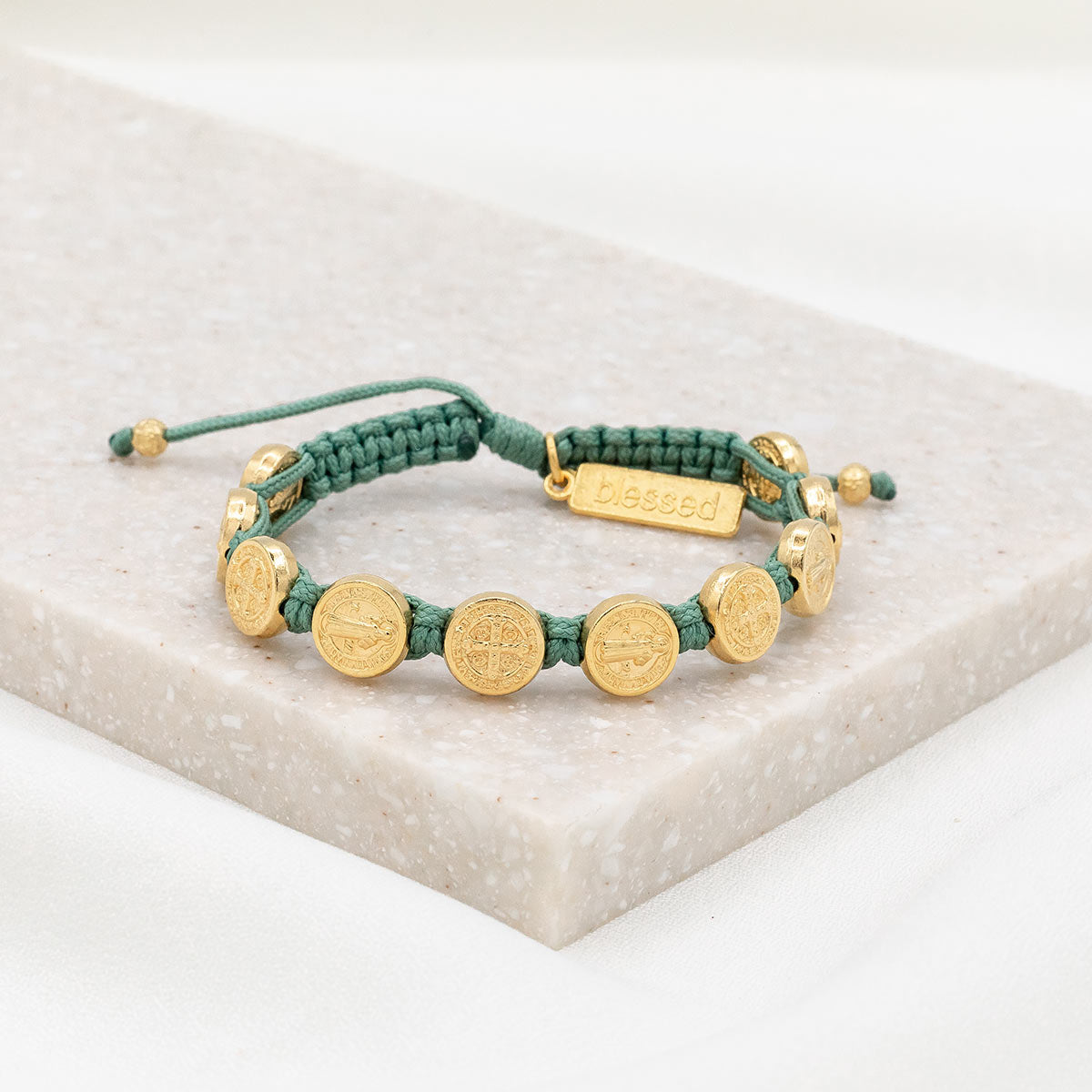 Benedictine Blessing Bracelet - Gold Medals Sage Cording