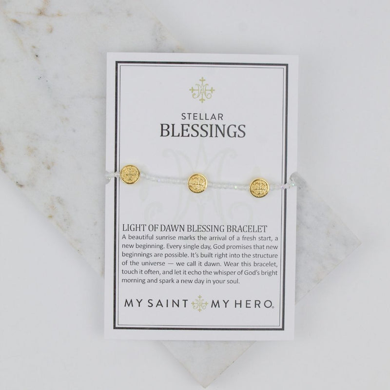 Crystal Blessing Bracelet with Gold Tone St. Benedict Medals on an inspirational product card