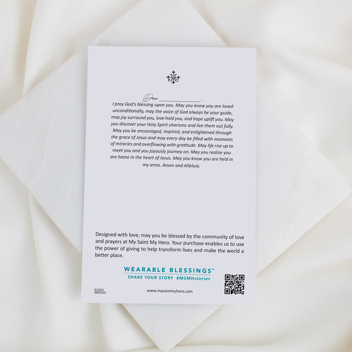 Wearable Blessings card with prayer text on a white background
