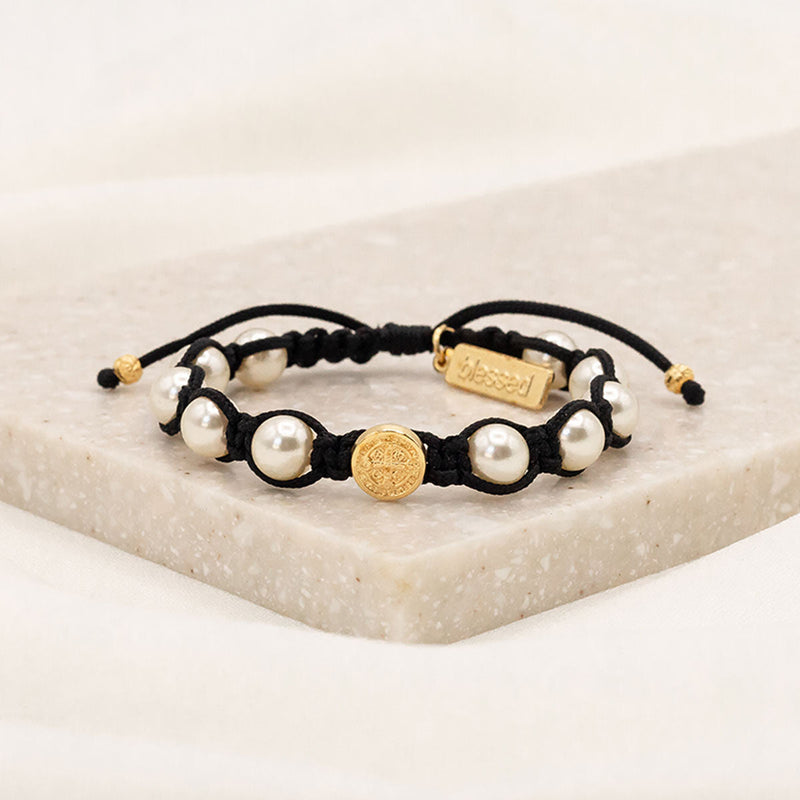 Divine Blessings Benedictine Medal Crystal Pearl Bracelet Handwoven in Medjugorje - white pearls gold tone medals