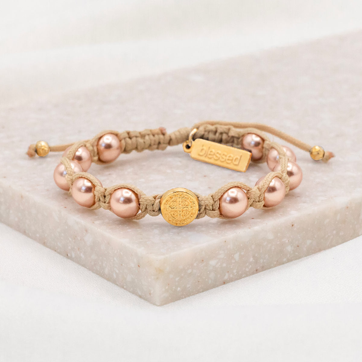 Divine Blessings Benedictine Medal Crystal Pearl Bracelet Handwoven in Medjugorje cream rose gold gold 