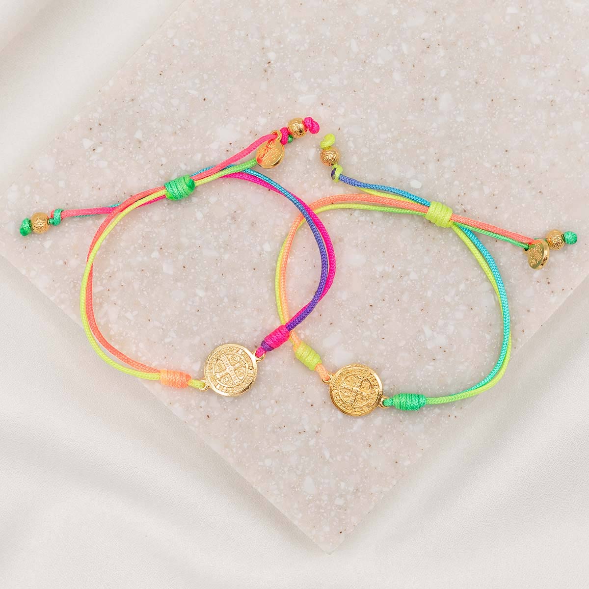 Best Friends Blessing Bracelets with gold St. Benedict Cross Medals and rainbow cording