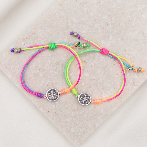 Best Friends Blessing Bracelets with silver tone saint benedict cross medals and rainbow colored bracelet cording