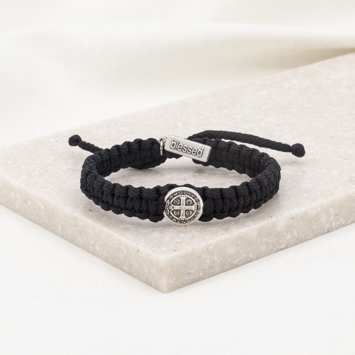 One Blessing for Him Bracelet black cording silver st. benedict medal