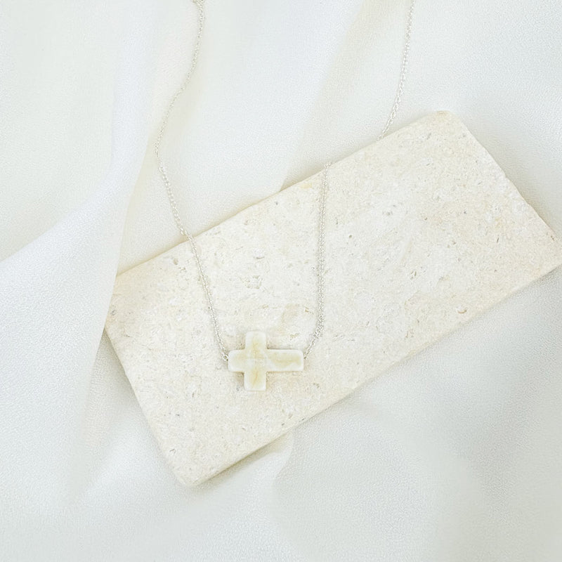 Divine Grace Necklace White Natural Howlite Cross on Silver Petite Chain