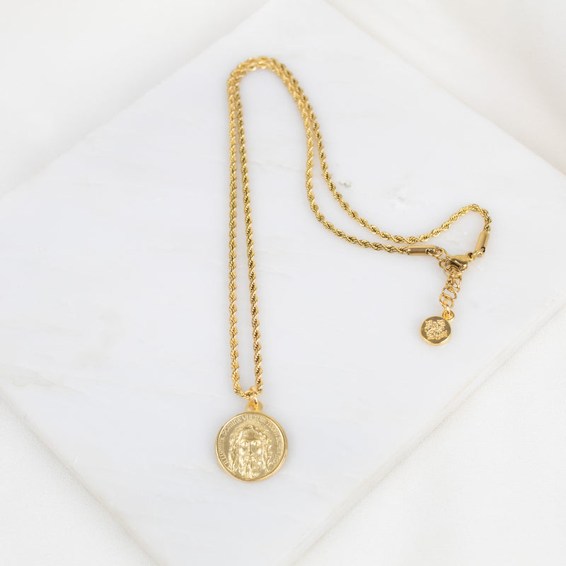 Seek Him Face of Jesus Necklace with gold tone rope chain