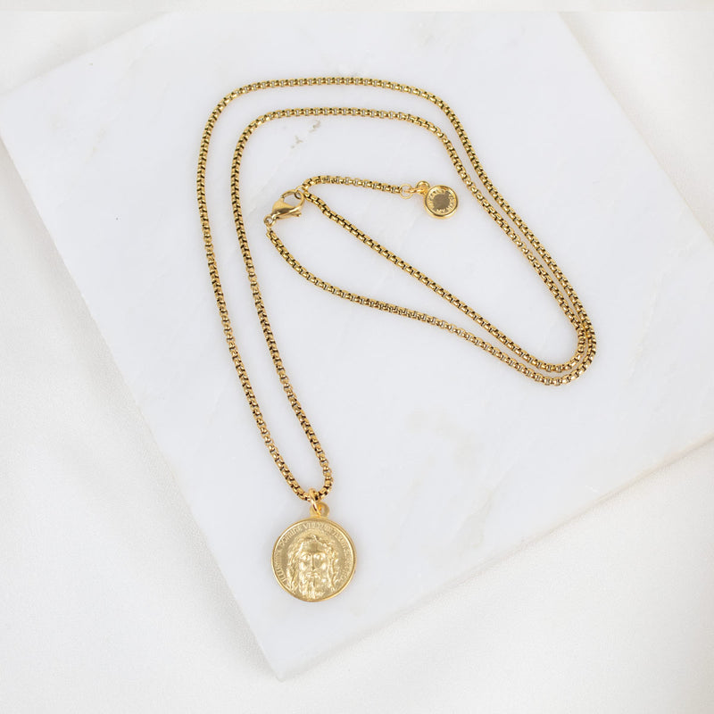 Seek Him Face of Jesus Wearable Blessing Necklace in gold tone with box chain