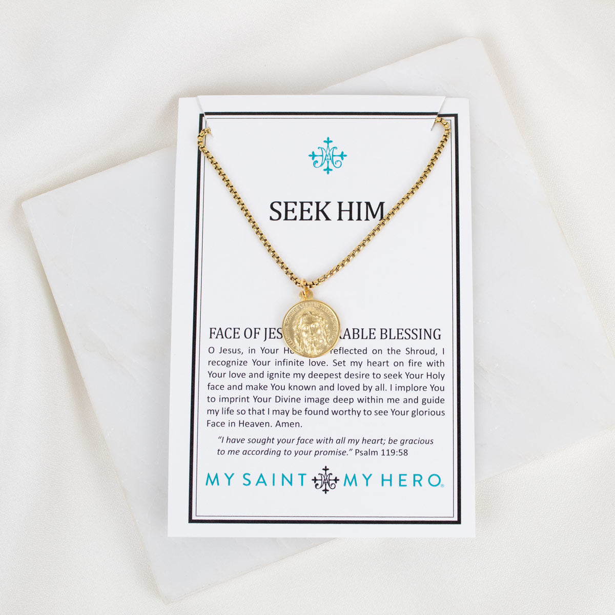 Seek Him Necklace on inspirational card