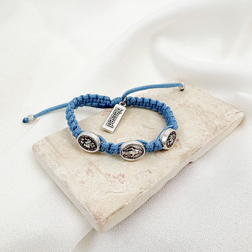 Miraculous for Kids light blue blessing bracelet with three silver tone miraculous medals