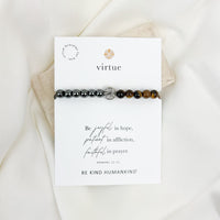Virtue Tiger's Eye and Hematite Gemstone Bracelet on woven cording on Card