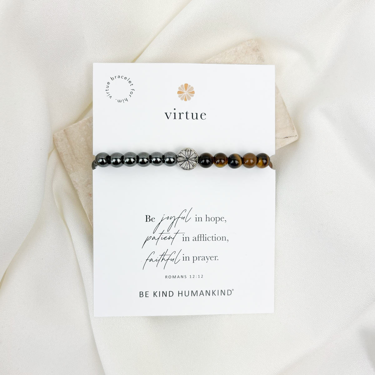 Virtue Tiger's Eye and Hematite Gemstone Bracelet on woven cording on Card