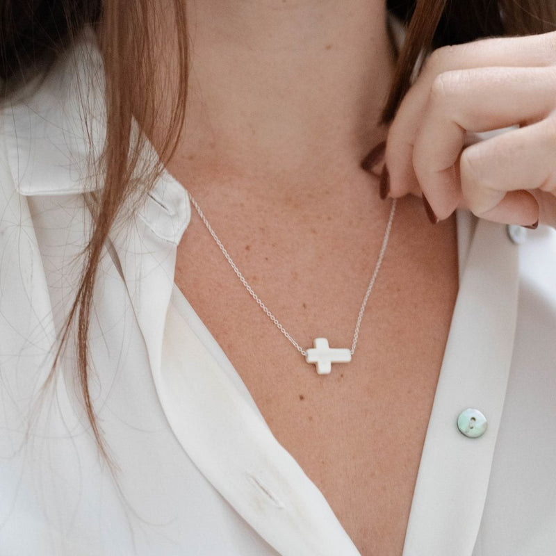 Divine Grace Necklace White Natural Howlite Cross on Silver Petite Chain lifestyle image