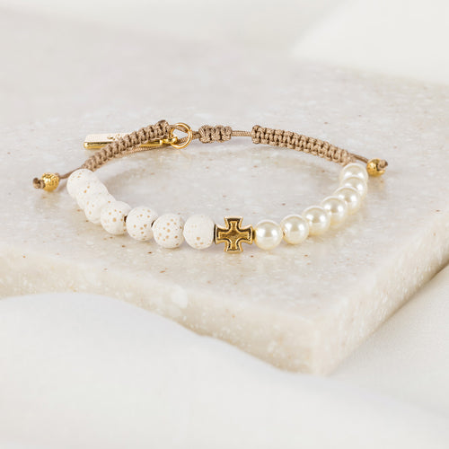 Heirloom crystal pearls and white lava beads and gold cross on woven cording