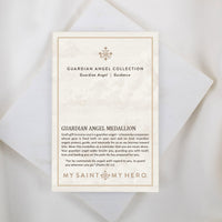 An inspirational product card titled "GUARDIAN ANGEL COLLECTION" featuring the "Archangel Raphael | Guidance" medal description, displayed on a clean white background. The card explains that a guardian angel is a heavenly companion who protects, guides, and intercedes for us. It includes the scripture quote from Psalm 91:11: “For he commands his angels with regard to you, to guard you wherever you go.” The "MY SAINT MY HERO" brand name is visible at the bottom.