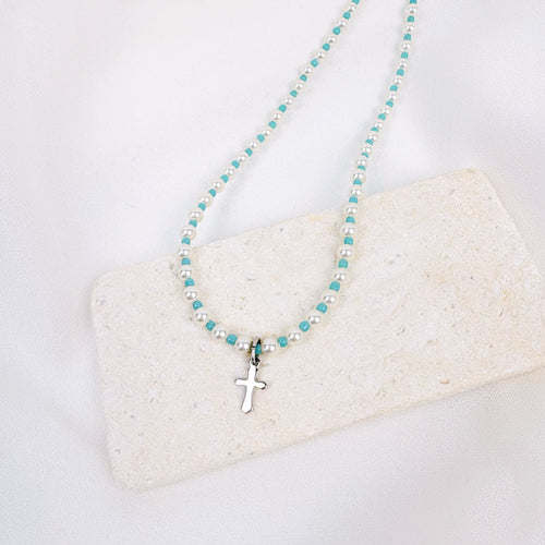 Jesus Others Your Turquoise Bead and White Crystal Pearl Necklace with Petite silver cross