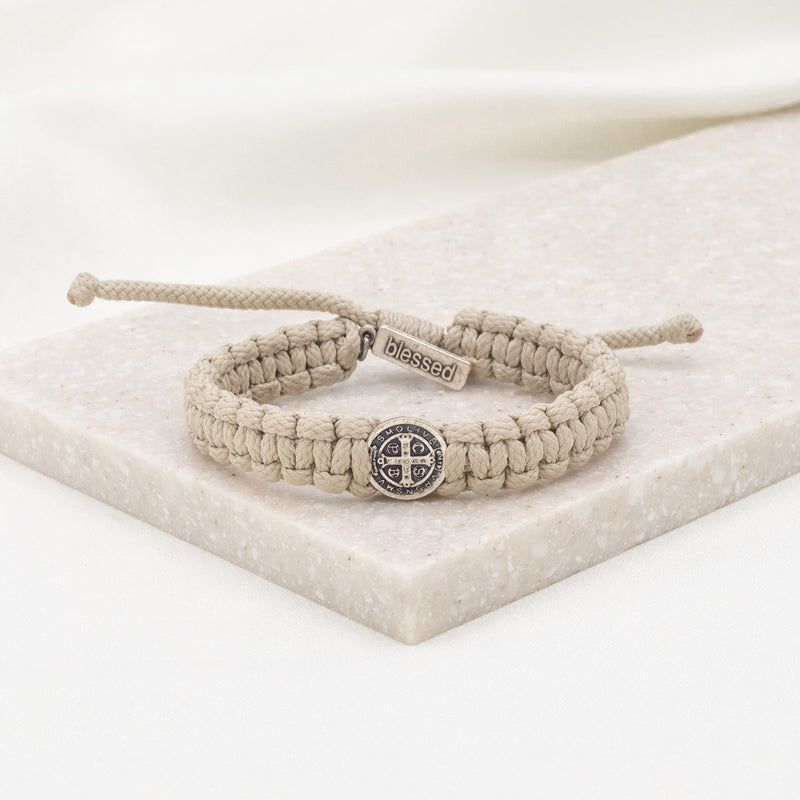 One Blessing for Him Bracelet tan cording and silver st. benedict medal and tag charm