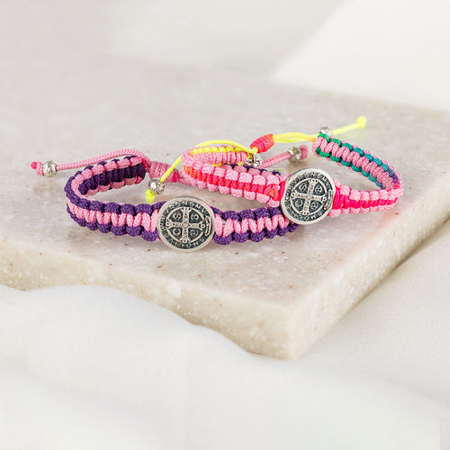 Friends Forever Bracelet Set for Kids in pinks purples and rainbow coring with st benedict silver medals
