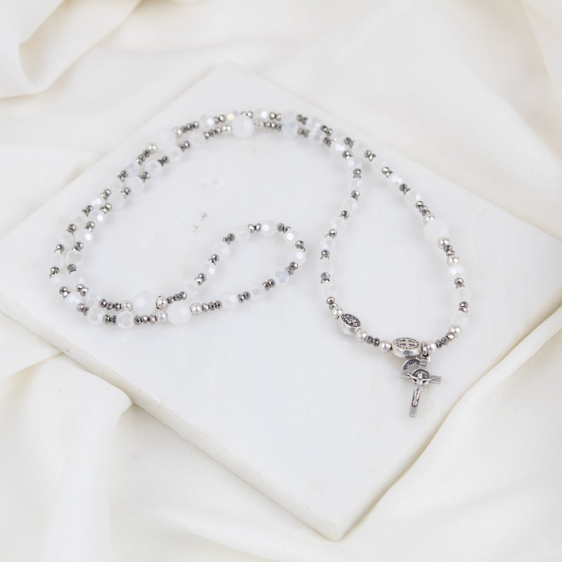 Rosary Wrap Bracelet with white and gray crystals and silver tone crucifix, Miraculous Mary medal and Benedictine medal