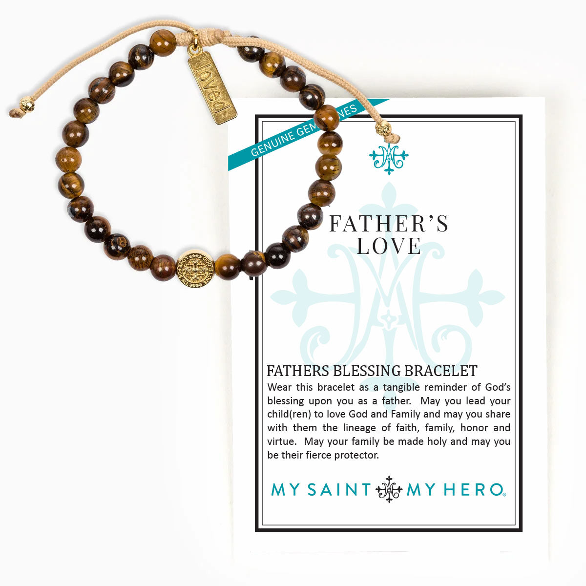 A Father's Love beaded bracelet with brown and gold tiger's eye beads, a gold-toned 'FAITH' charm, and a gold-toned central medallion, displayed on its white gift card which reads 'FATHER'S LOVE' by 'MY SAINT MY HERO'.