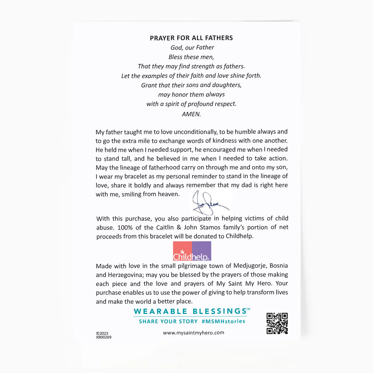 A printed prayer card for 'Prayer for All Fathers' with a handwritten signature in the center, a small illustration of a child, and donation information for Childhelp. The card is photographed on a white background with a faint watermark at the bottom.