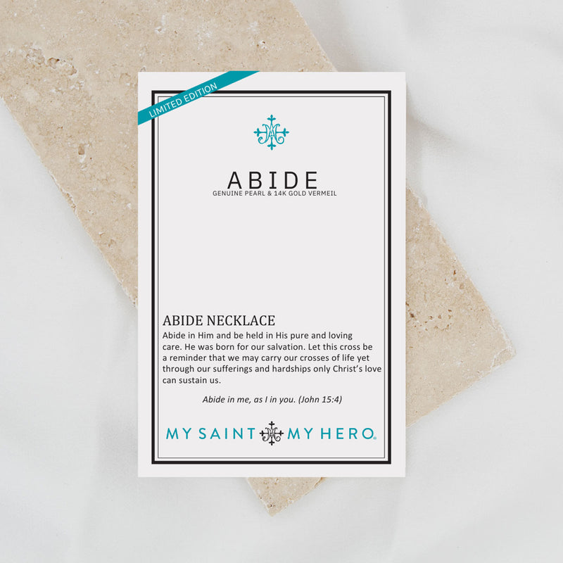 Abide Pearl Cross Necklace card front