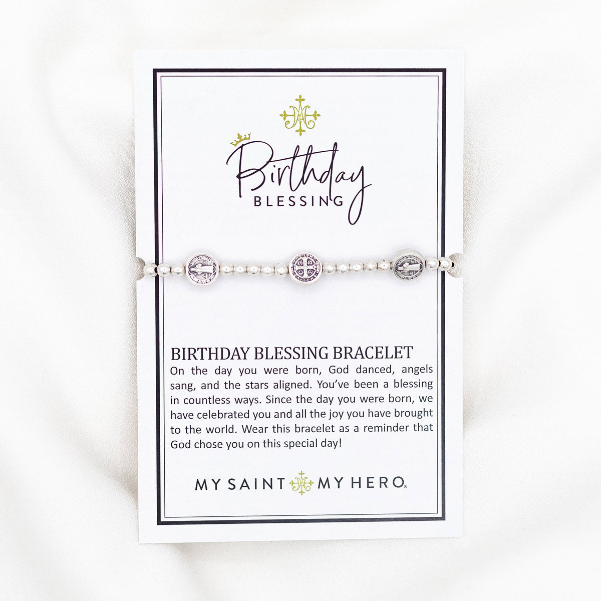 Birthday Blessing Bracelet on Inspirational Gift Card silver tone beads and St. Benedict Medals