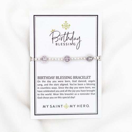 Birthday Blessing Bracelet on Inspirational Gift Card silver tone beads and St. Benedict Medals