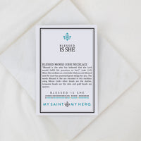 Product packaging for 'Blessed is She' Morse Code Necklace with text and branding on a white background.