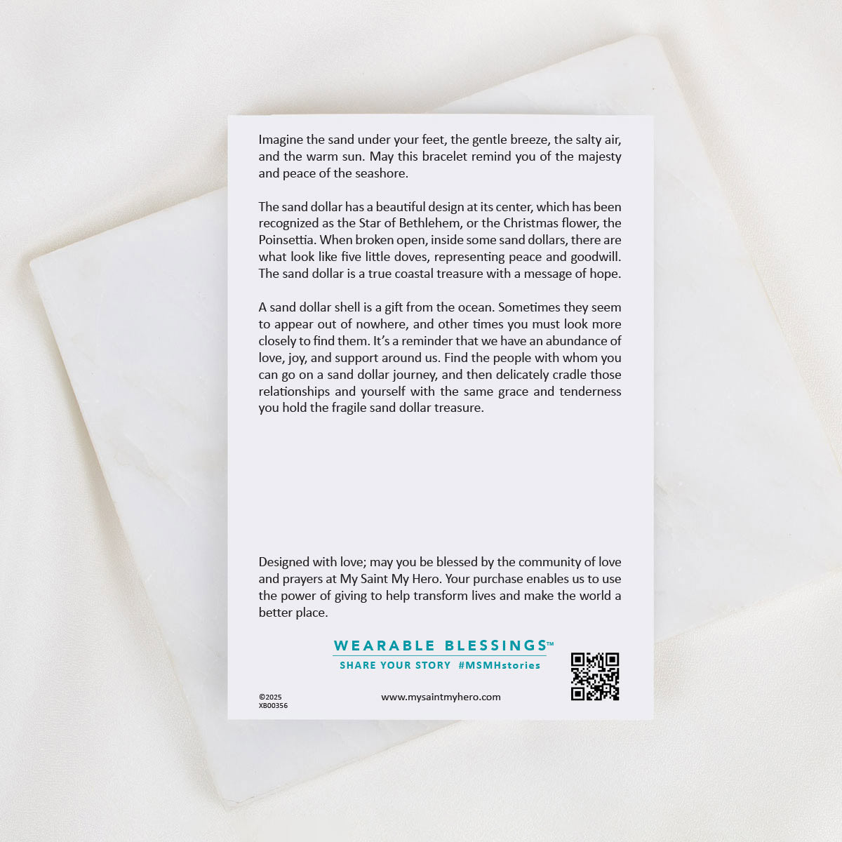 Card with text about sand dollars and their symbolism on a white background