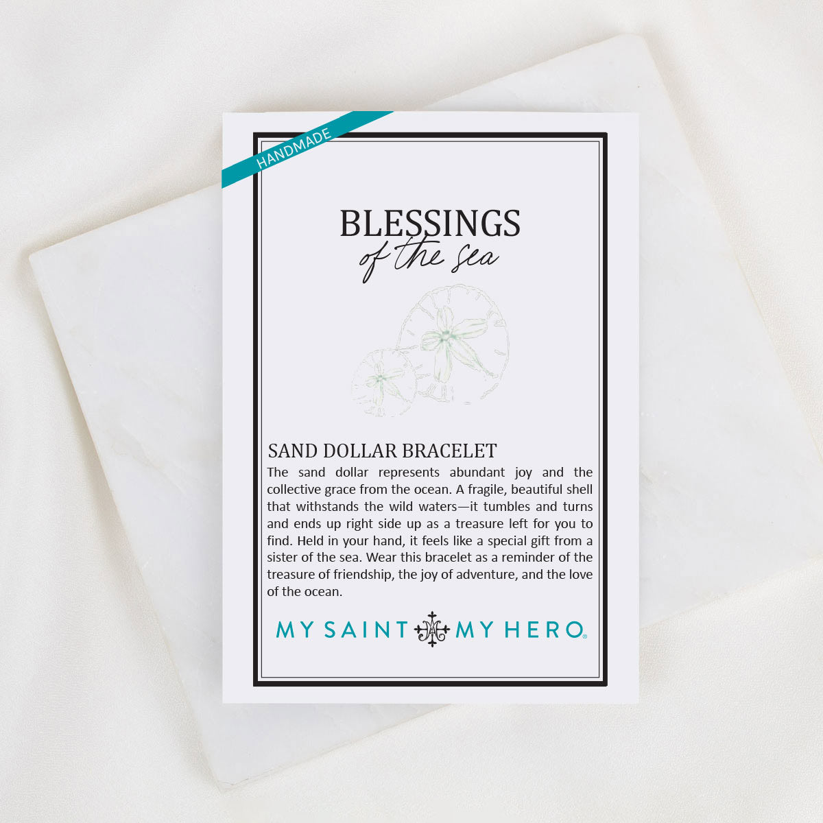 Card with 'Blessings of the Sea' text and 'My Saint My Hero' branding on a white background