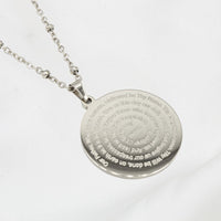 close up of The Lord's Prayer Necklace silver tone