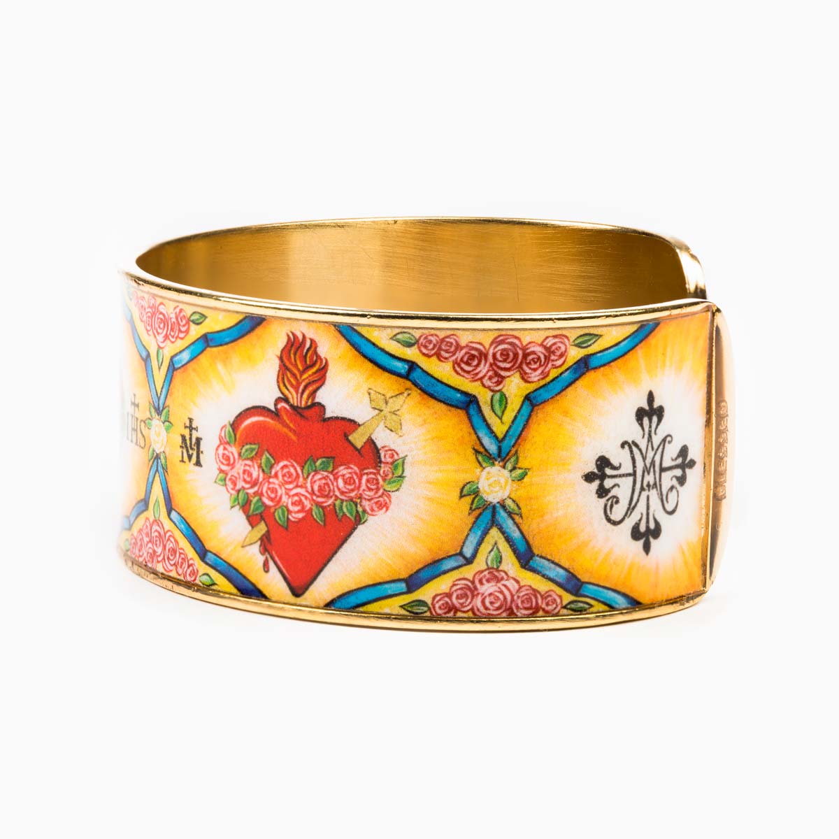 Gold-tone plated Holy Family Everlasting Heart of God Cuff bracelet featuring a detailed, colorful sacred icon printed with epoxy. The icon includes the Sacred Heart of Jesus, the Immaculate Heart of Mary, and the Pure Heart of St. Joseph woven together, displayed against a clean, white textured stone background.