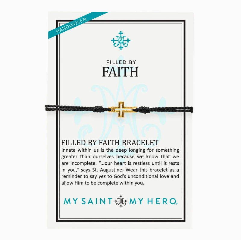Filled by Faith gold cross, black bracelet cording on inspirational card