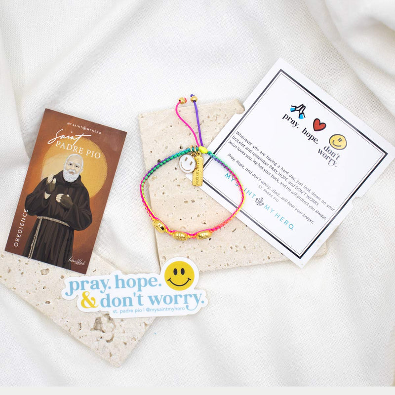 Limited Edition: Happy Back to School Blessings Package with Happy Face Rainbow Benedictine Bracelet Padre Pio Saint Card and a sticker